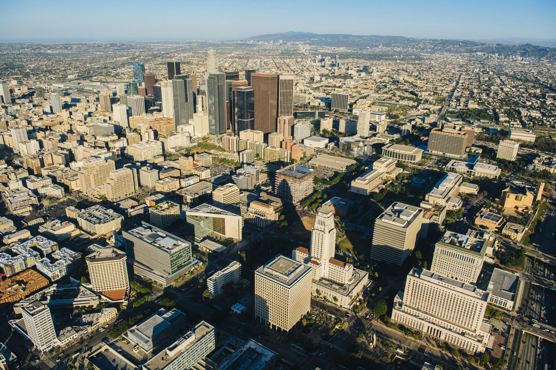 Aerial view of city and skyscrapers, Los Angeles, California, USA
