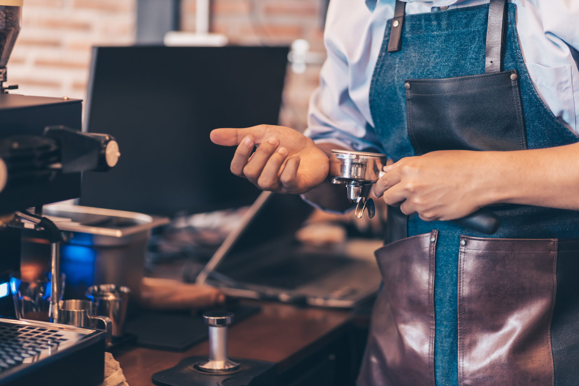barista cafe making coffee with coffee machine. coffee preparati