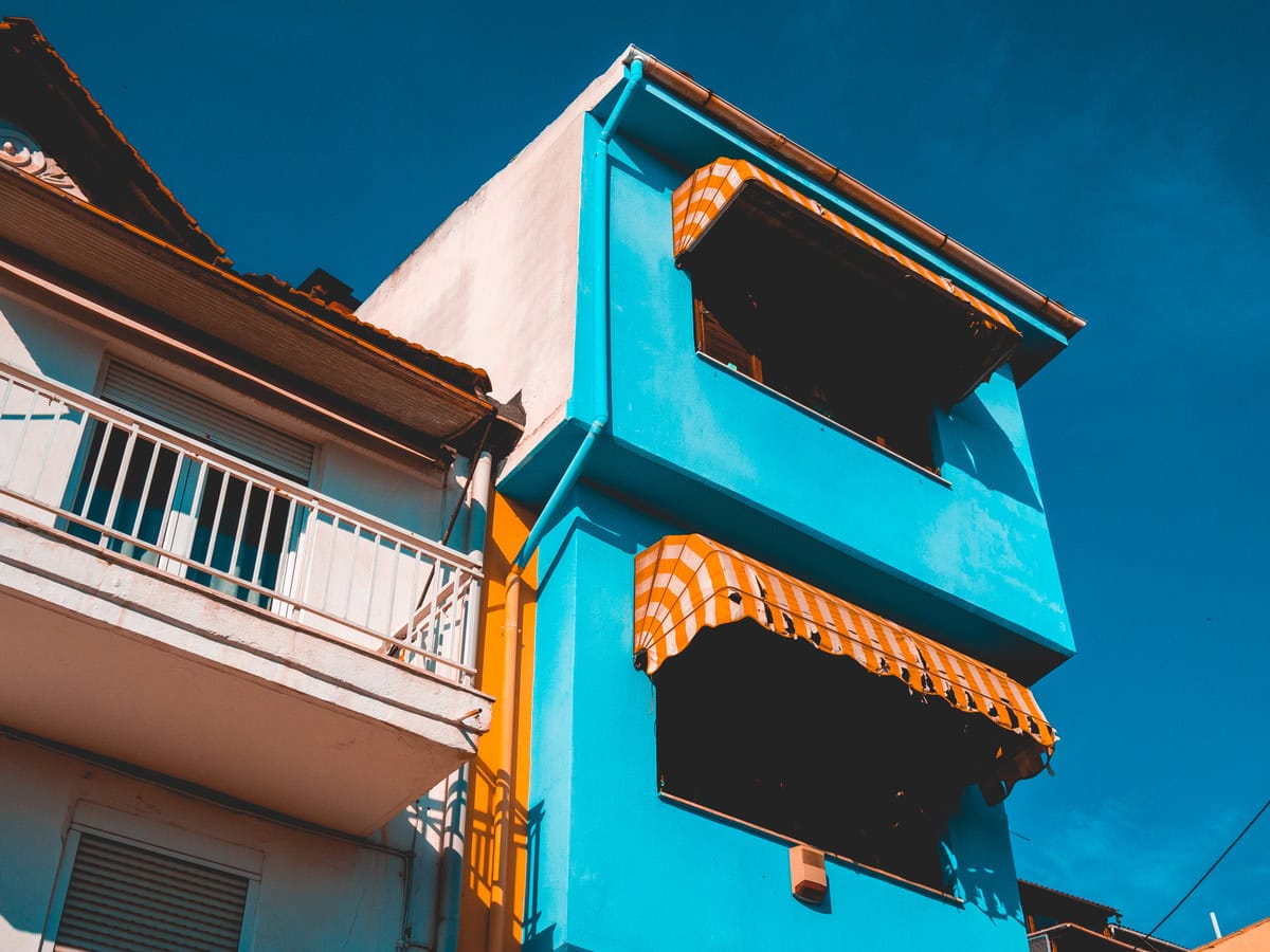 low angle view of orange and blue colored building 2026 03 25 22 51 50 utc